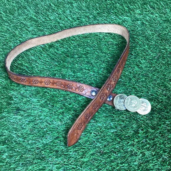 Vintage Peso Coin Buckle with Tooled Leather Belt